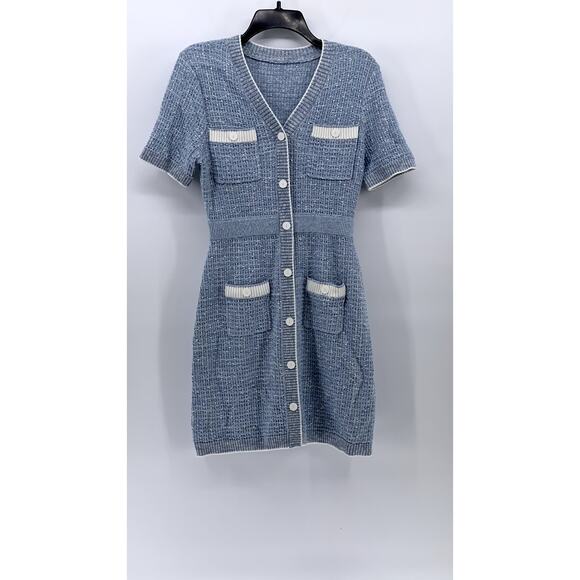 GOELIA Women's Blue-White Knit V-Neck Gathered Waist Button-Up Mini Dress SZ XS - Picture 2 of 12